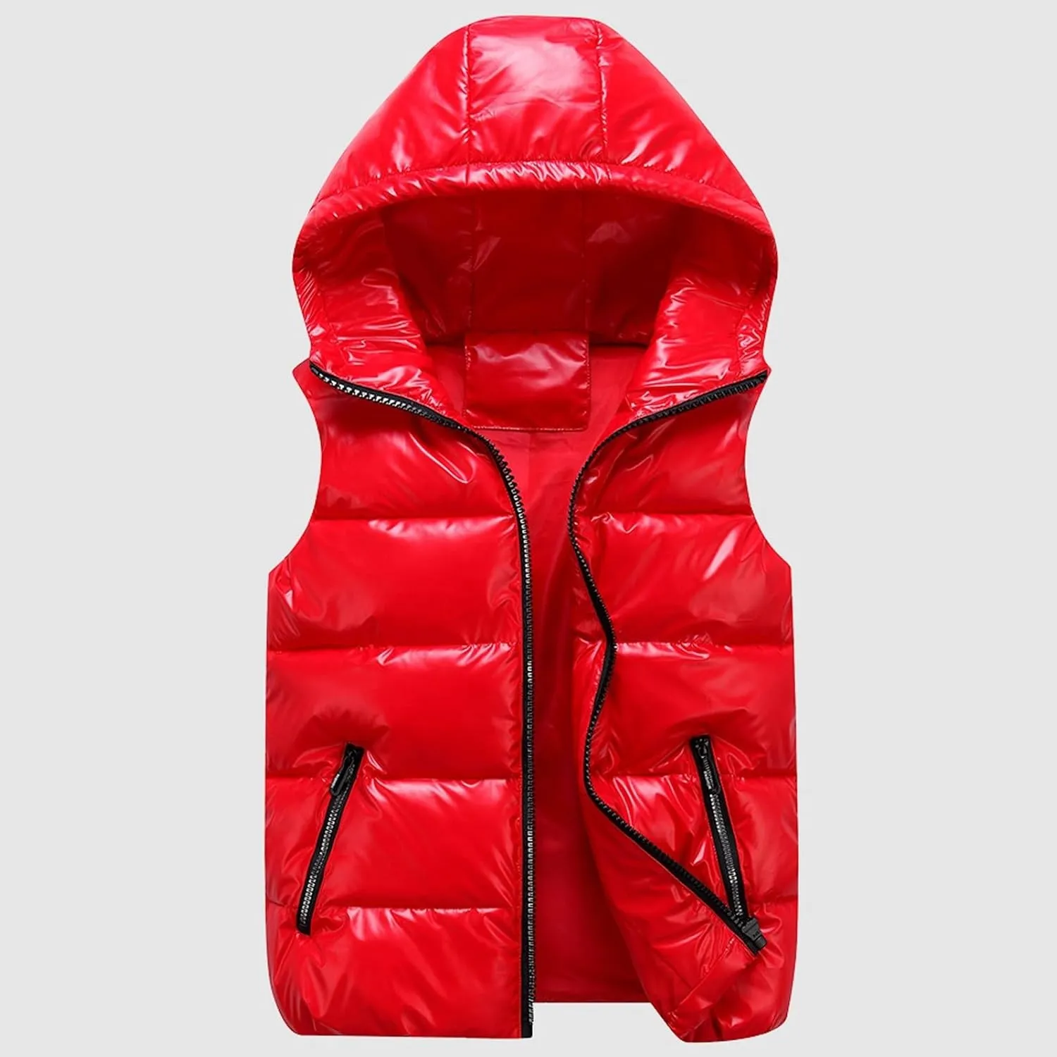 Womens Shiny Puffer Down Vest Quilted Zip Up Hat Collar Pocketed Sleeveless Jacket Puffer Vest Women