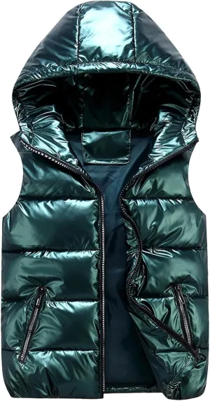 Womens Shiny Puffer Down Vest Quilted Zip Up Hat Collar Pocketed Sleeveless Jacket Puffer Vest Women