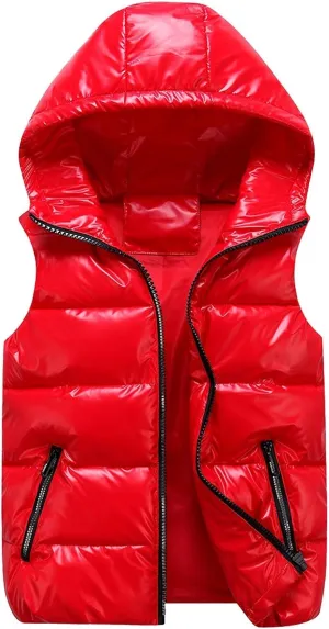 Womens Shiny Puffer Down Vest Quilted Zip Up Hat Collar Pocketed Sleeveless Jacket Puffer Vest Women