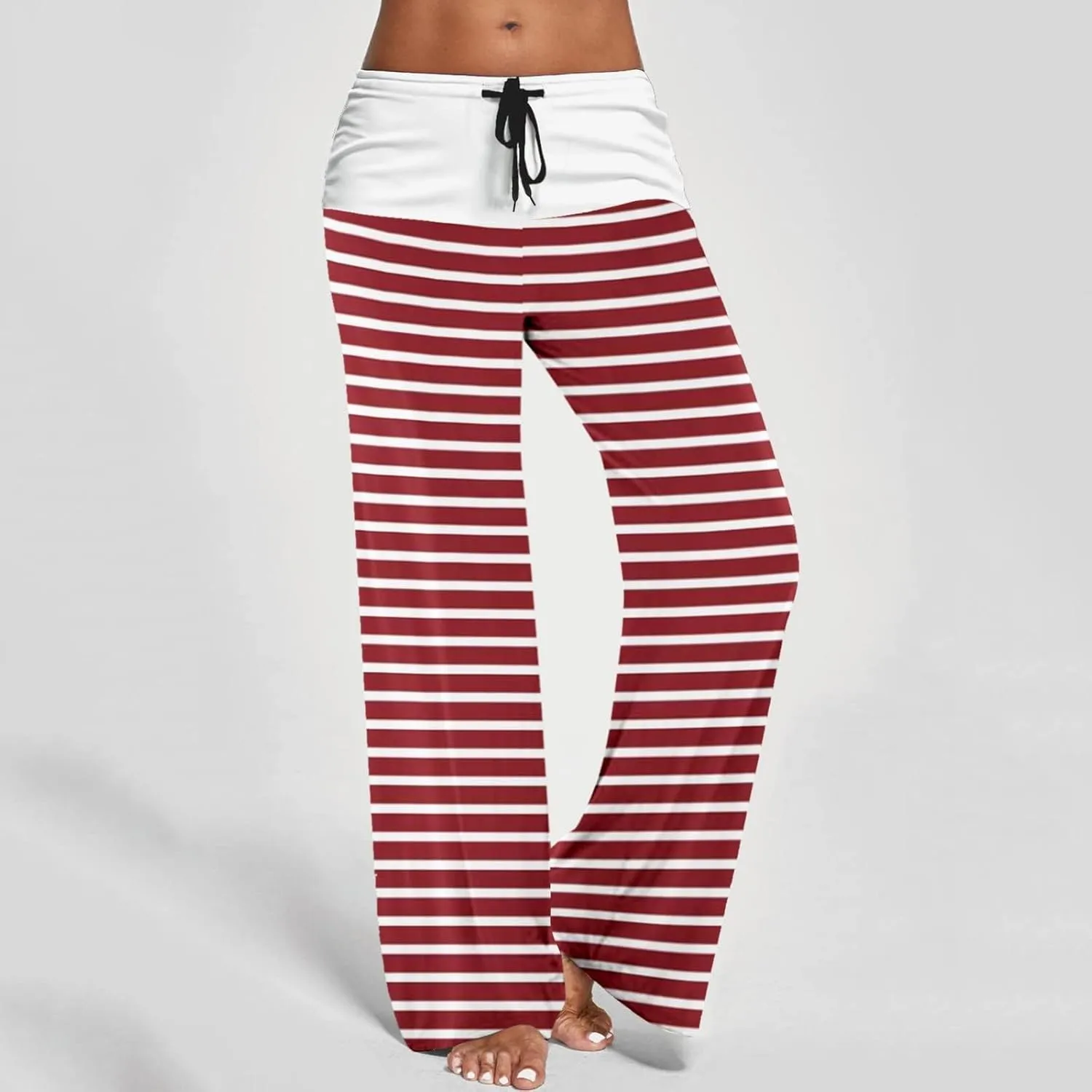 Women's Straight Wide Leg Trousers Elastic Drawstring High Waist Palazzo Pants Striped Print Lounge Pants Trousers