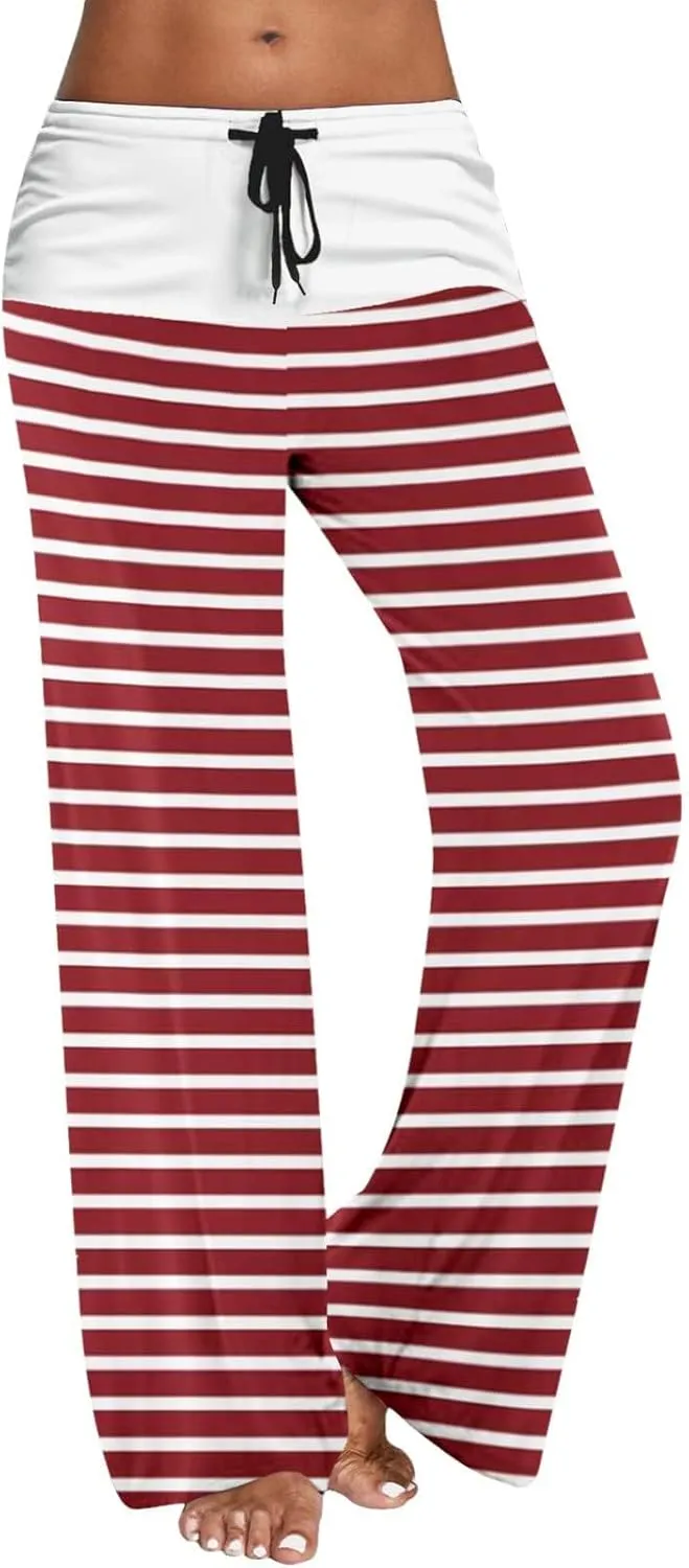Women's Straight Wide Leg Trousers Elastic Drawstring High Waist Palazzo Pants Striped Print Lounge Pants Trousers