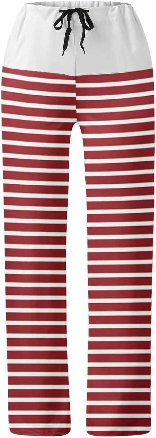 Women's Straight Wide Leg Trousers Elastic Drawstring High Waist Palazzo Pants Striped Print Lounge Pants Trousers