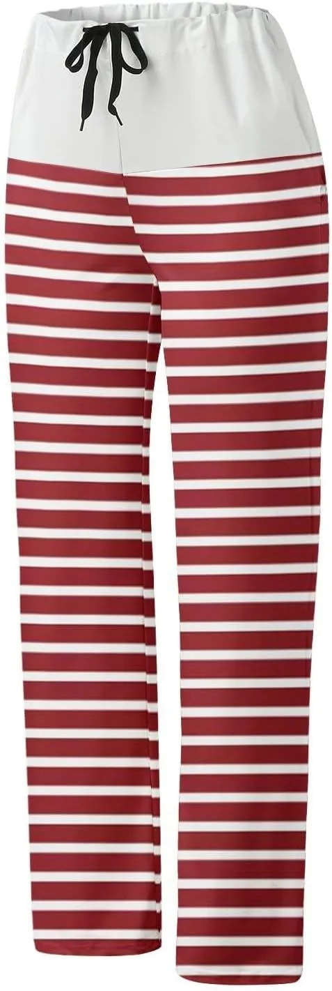 Women's Straight Wide Leg Trousers Elastic Drawstring High Waist Palazzo Pants Striped Print Lounge Pants Trousers