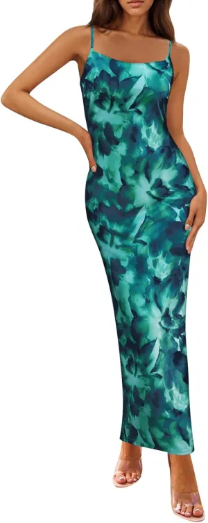 Womens Summer Bodycon Maxi Dresses 2025 Floral Spaghetti Strap Square Neck Sleeveless Boho Beach Long Sun Dress