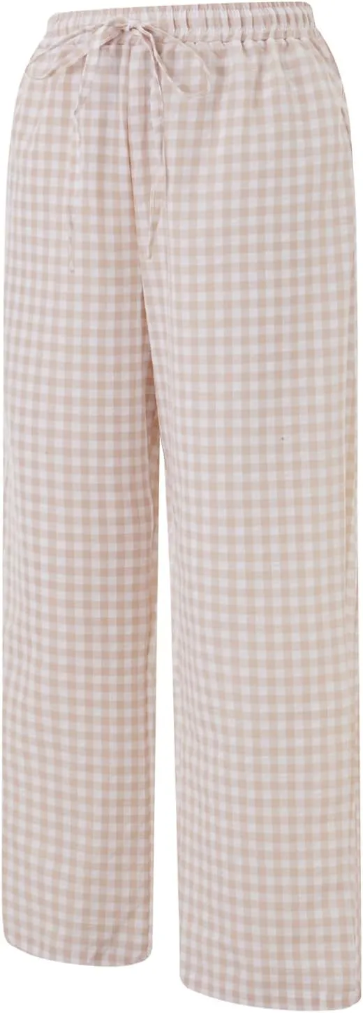 Women's Summer Casual Pants Plaid Drawstring High Waist Straight Leg Trousers