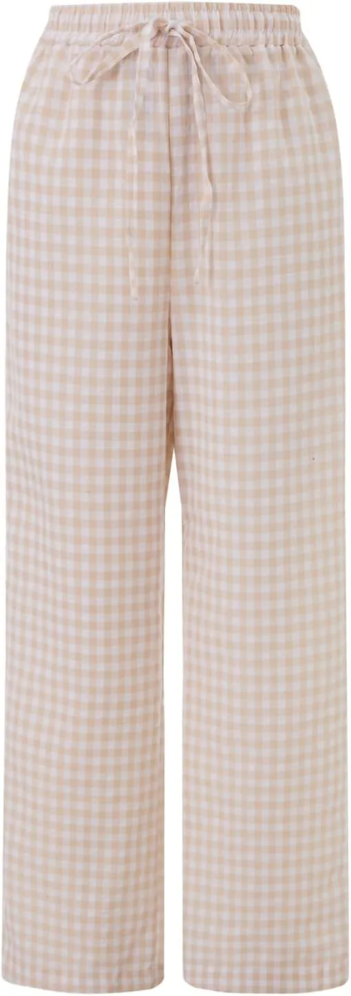 Women's Summer Casual Pants Plaid Drawstring High Waist Straight Leg Trousers