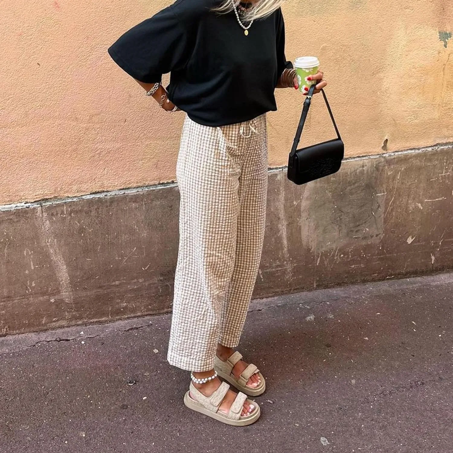 Women's Summer Casual Pants Plaid Drawstring High Waist Straight Leg Trousers