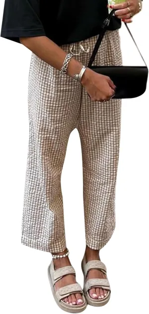 Women's Summer Casual Pants Plaid Drawstring High Waist Straight Leg Trousers