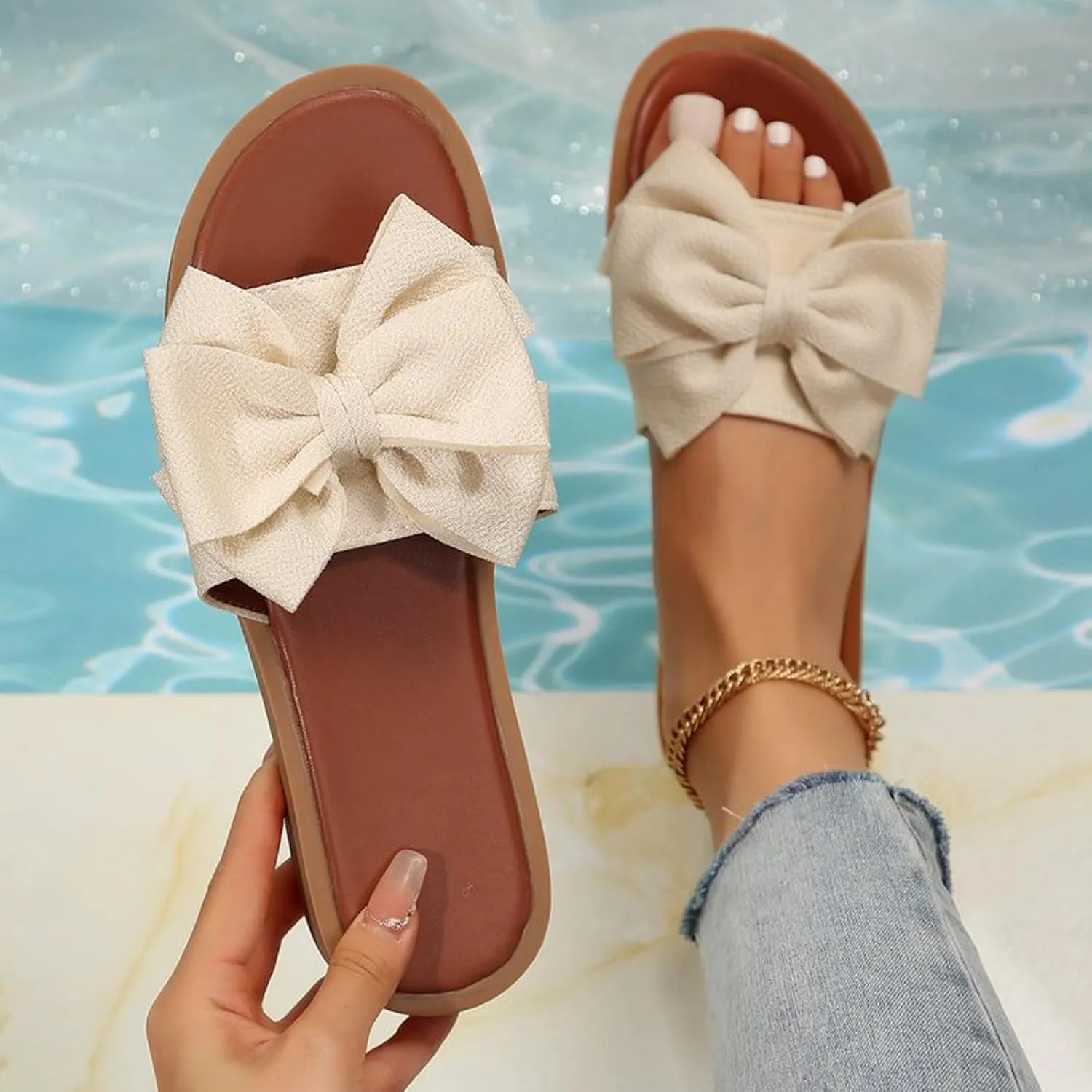 Women's Summer Fashion Bow Knot Flat Sandals 2025 Comfy Casual Open Toe Comfortable Slip On Slide Sandals Wide Width Walking Dress Shoes for Party Casual Beach Vacation
