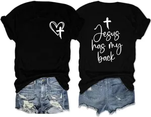 Womens Summer Tops Christian T Shirts Jesus Has My Back Graphic Tees Religious Faith Inspirational Tees