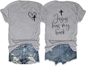 Womens Summer Tops Christian T Shirts Jesus Has My Back Graphic Tees Religious Faith Inspirational Tees