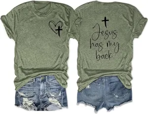 Womens Summer Tops Christian T Shirts Jesus Has My Back Graphic Tees Religious Faith Inspirational Tees