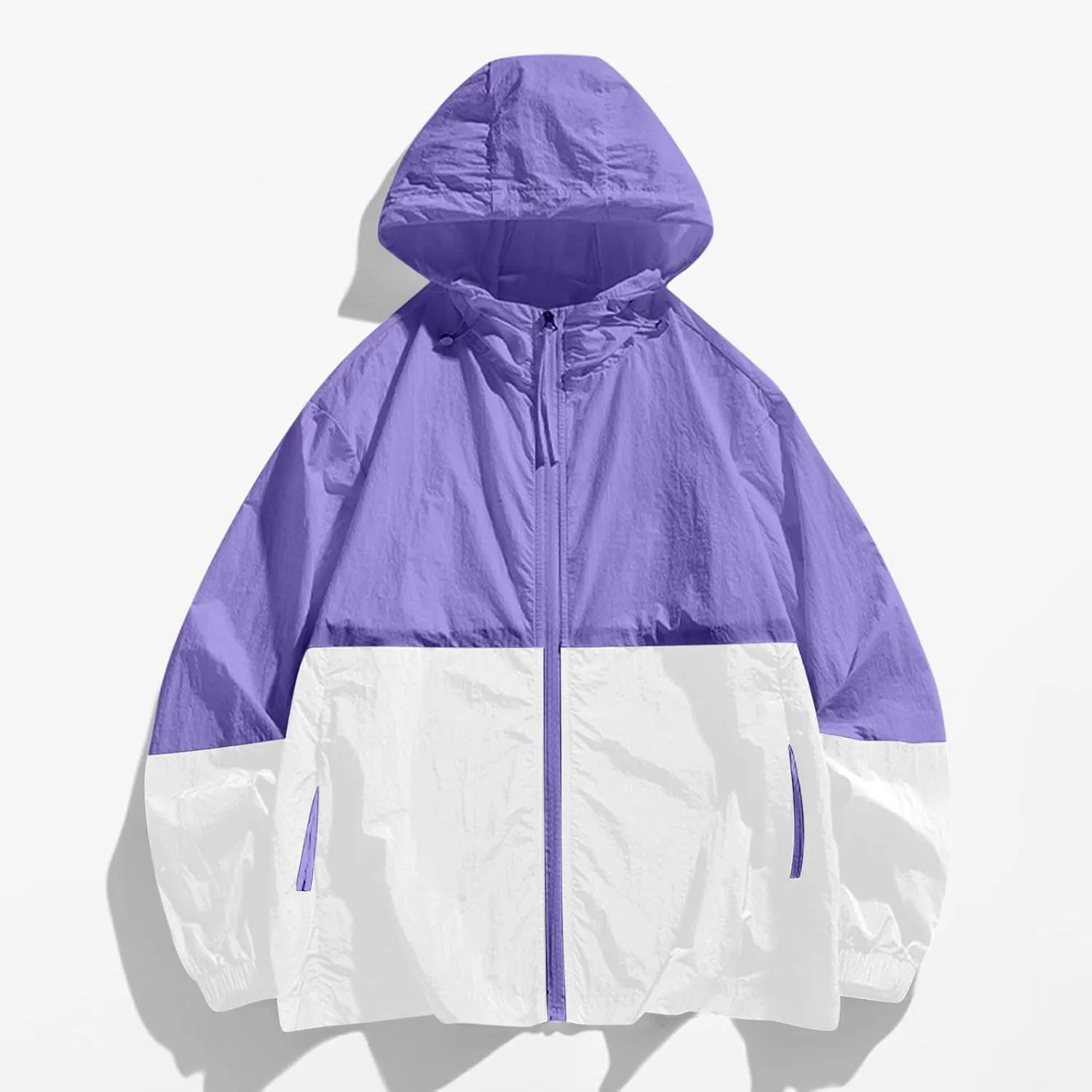 Women's Sun Protection Windbreaker Zip Up Color Block Drawstring Hooded Jacket Outerwear Lightweight Coat with Pockets