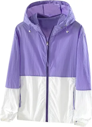 Women's Sun Protection Windbreaker Zip Up Color Block Drawstring Hooded Jacket Outerwear Lightweight Coat with Pockets