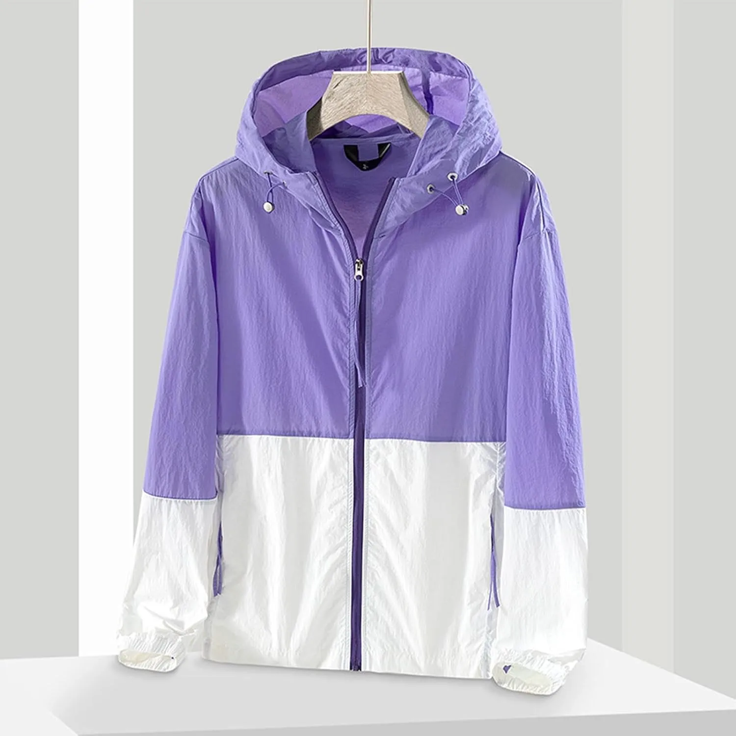 Women's Sun Protection Windbreaker Zip Up Color Block Drawstring Hooded Jacket Outerwear Lightweight Coat with Pockets