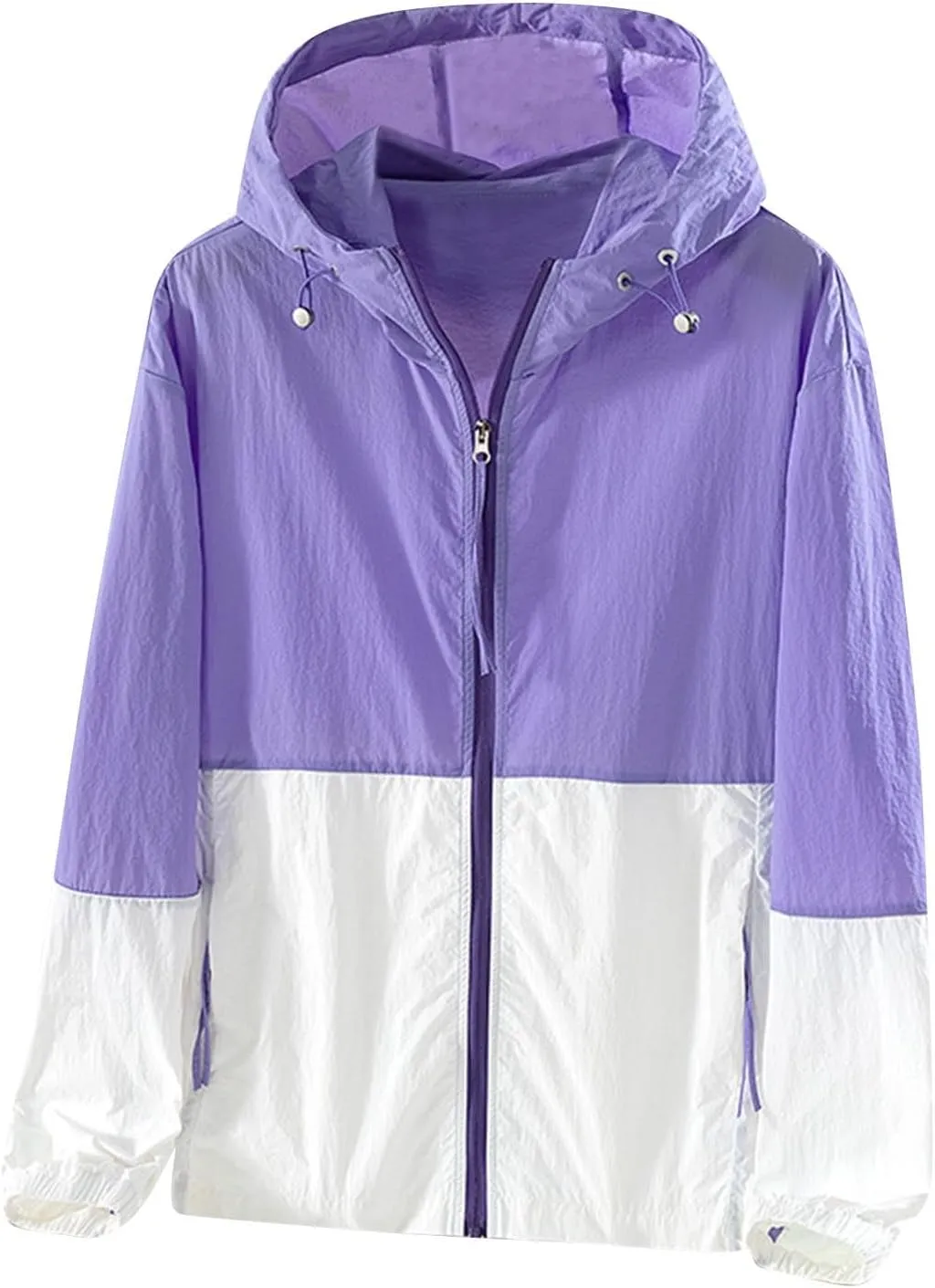 Women's Sun Protection Windbreaker Zip Up Color Block Drawstring Hooded Jacket Outerwear Lightweight Coat with Pockets