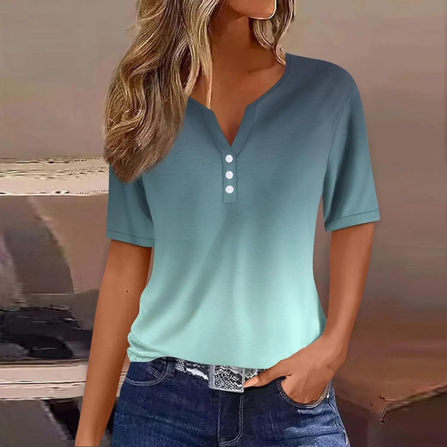 Women's T-Shirts Summer Tops 2025 Vacation Trendy V Neck Boho Short Sleeve Shirts Casual Loose Comfy Tunics