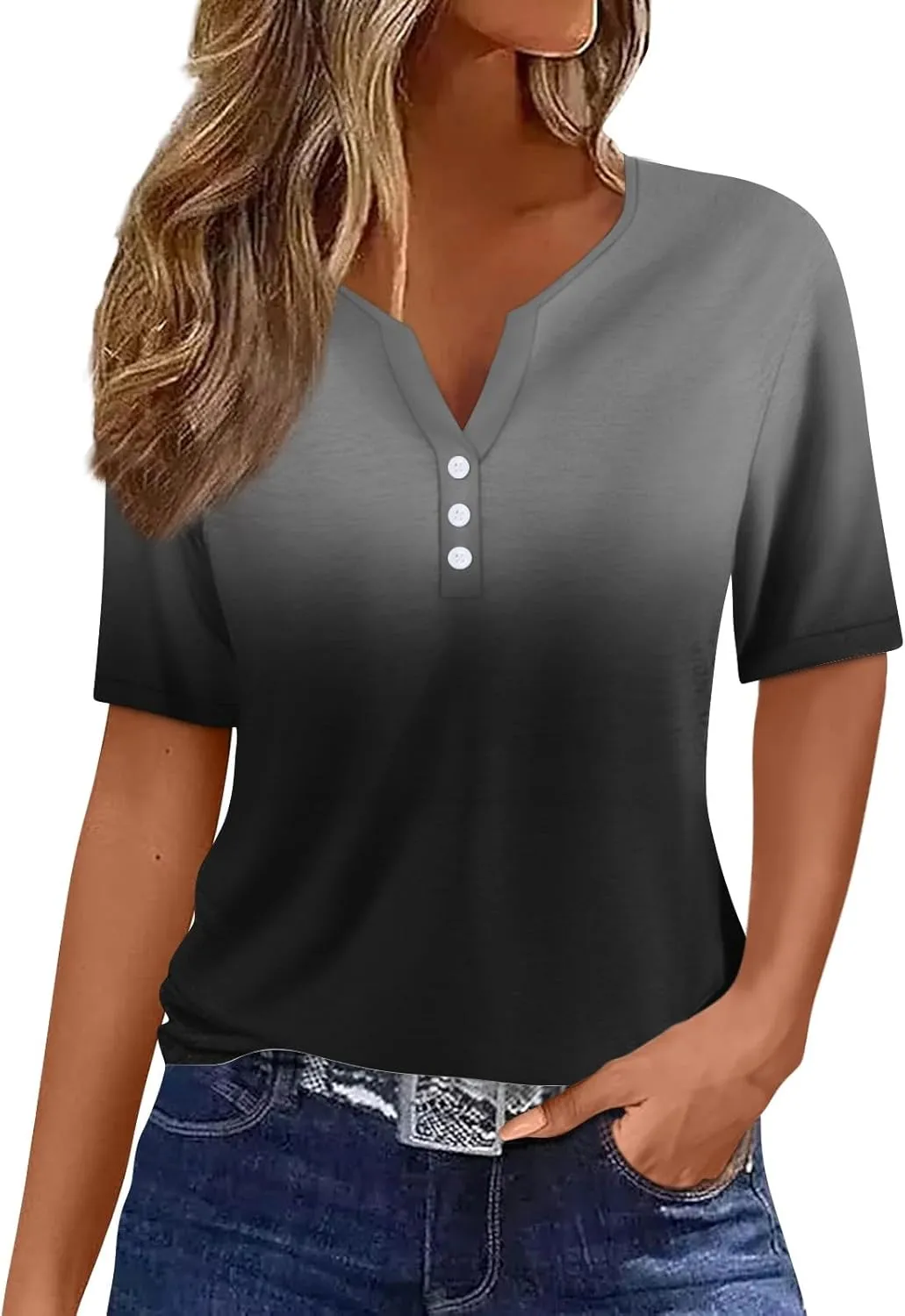 Women's T-Shirts Summer Tops 2025 Vacation Trendy V Neck Boho Short Sleeve Shirts Casual Loose Comfy Tunics