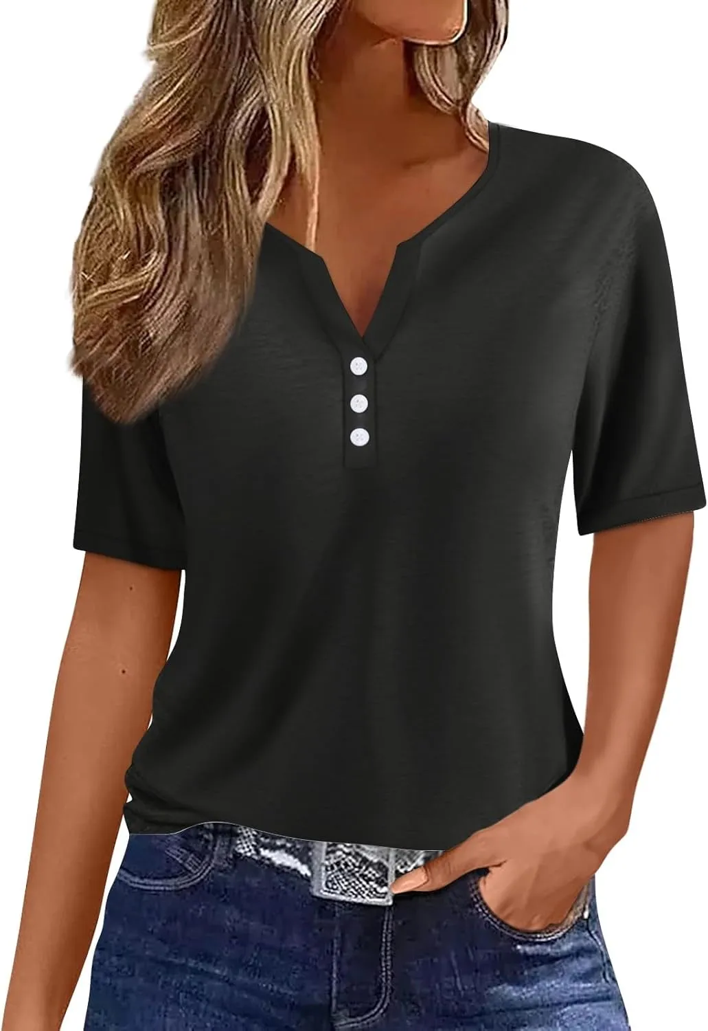 Women's T-Shirts Summer Tops 2025 Vacation Trendy V Neck Boho Short Sleeve Shirts Casual Loose Comfy Tunics