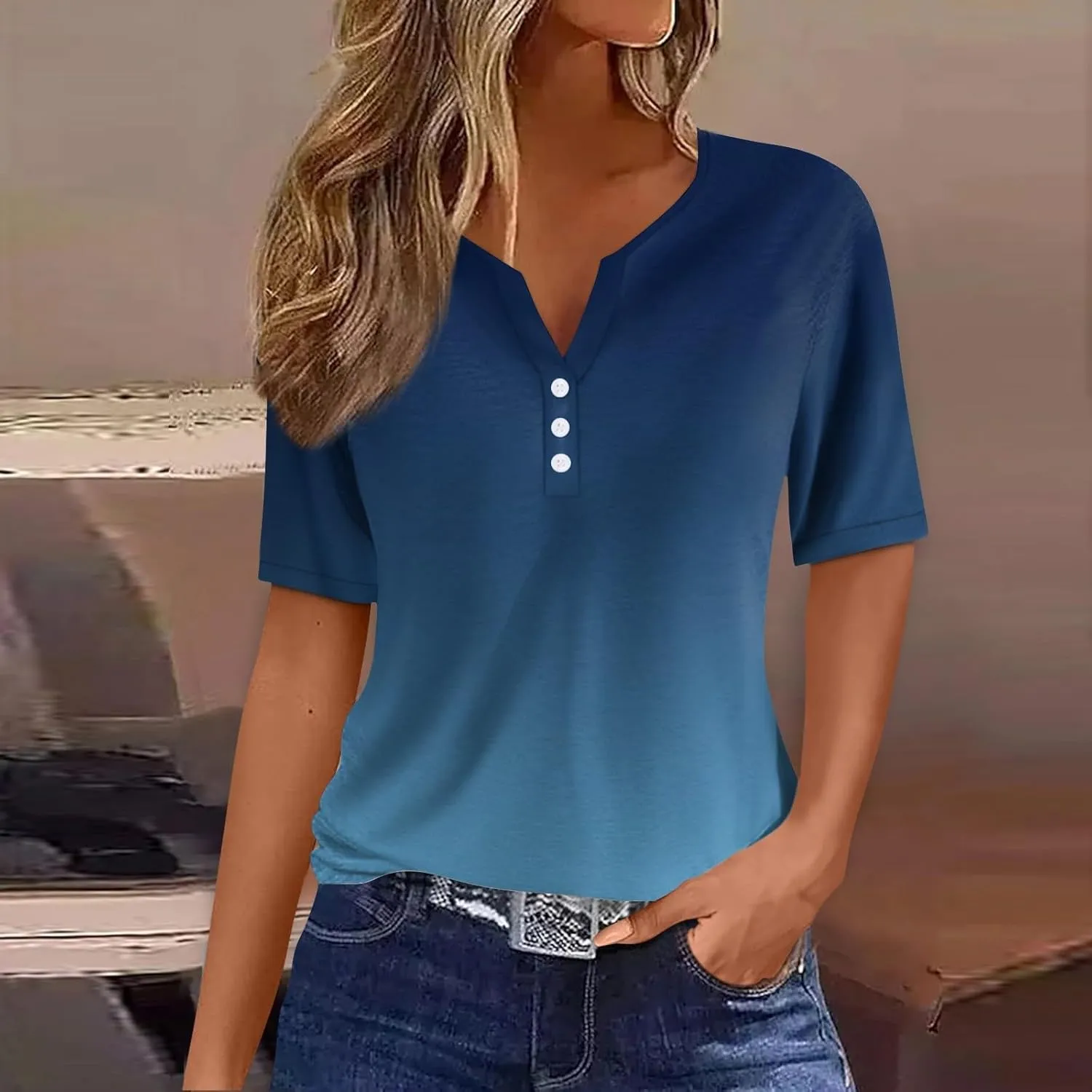 Women's T-Shirts Summer Tops 2025 Vacation Trendy V Neck Boho Short Sleeve Shirts Casual Loose Comfy Tunics