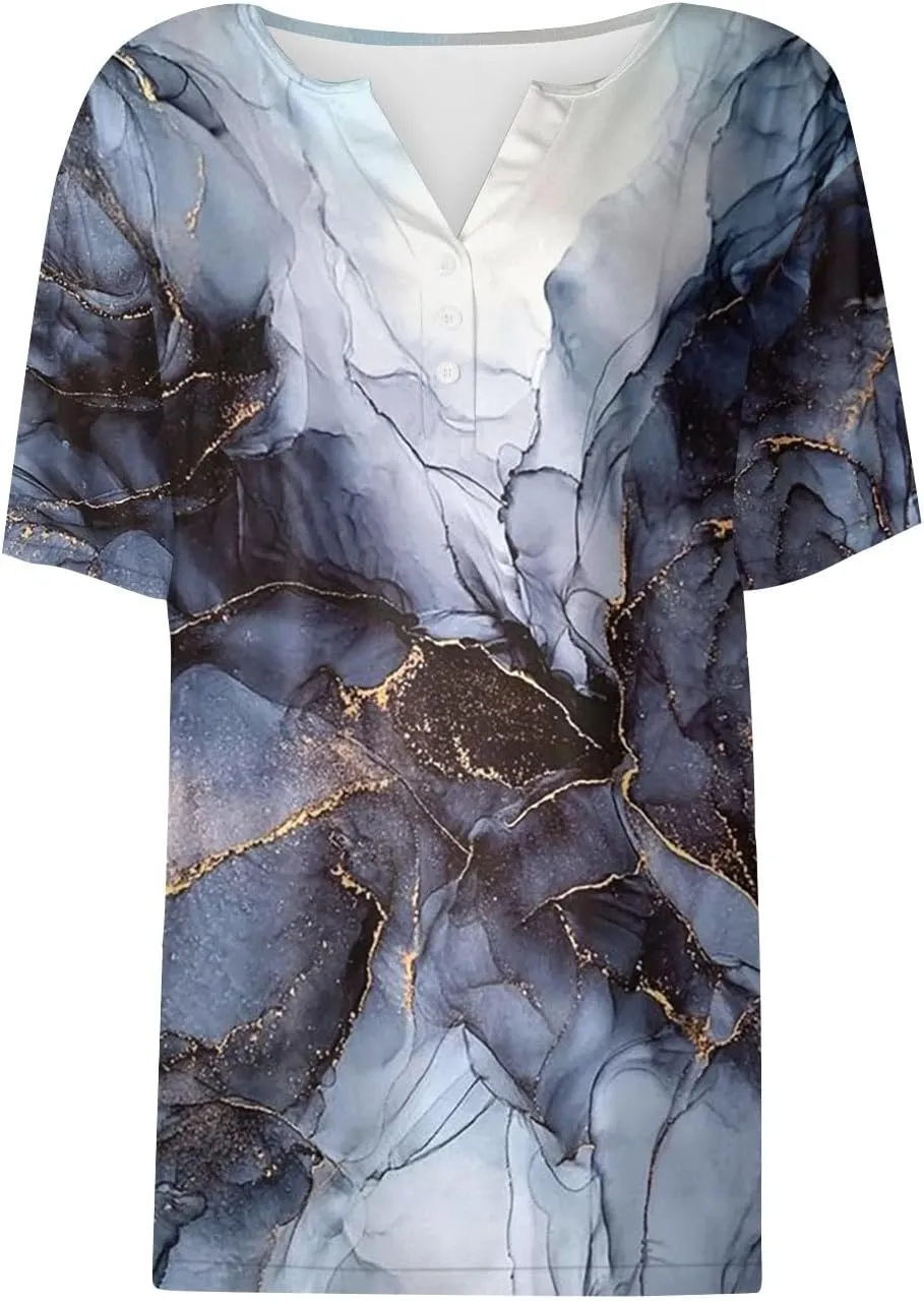 Women's T-Shirts Summer Tops 2025 Vacation Trendy V Neck Boho Short Sleeve Shirts Casual Loose Comfy Tunics