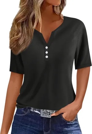 Women's T-Shirts Summer Tops 2025 Vacation Trendy V Neck Boho Short Sleeve Shirts Casual Loose Comfy Tunics