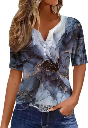 Women's T-Shirts Summer Tops 2025 Vacation Trendy V Neck Boho Short Sleeve Shirts Casual Loose Comfy Tunics