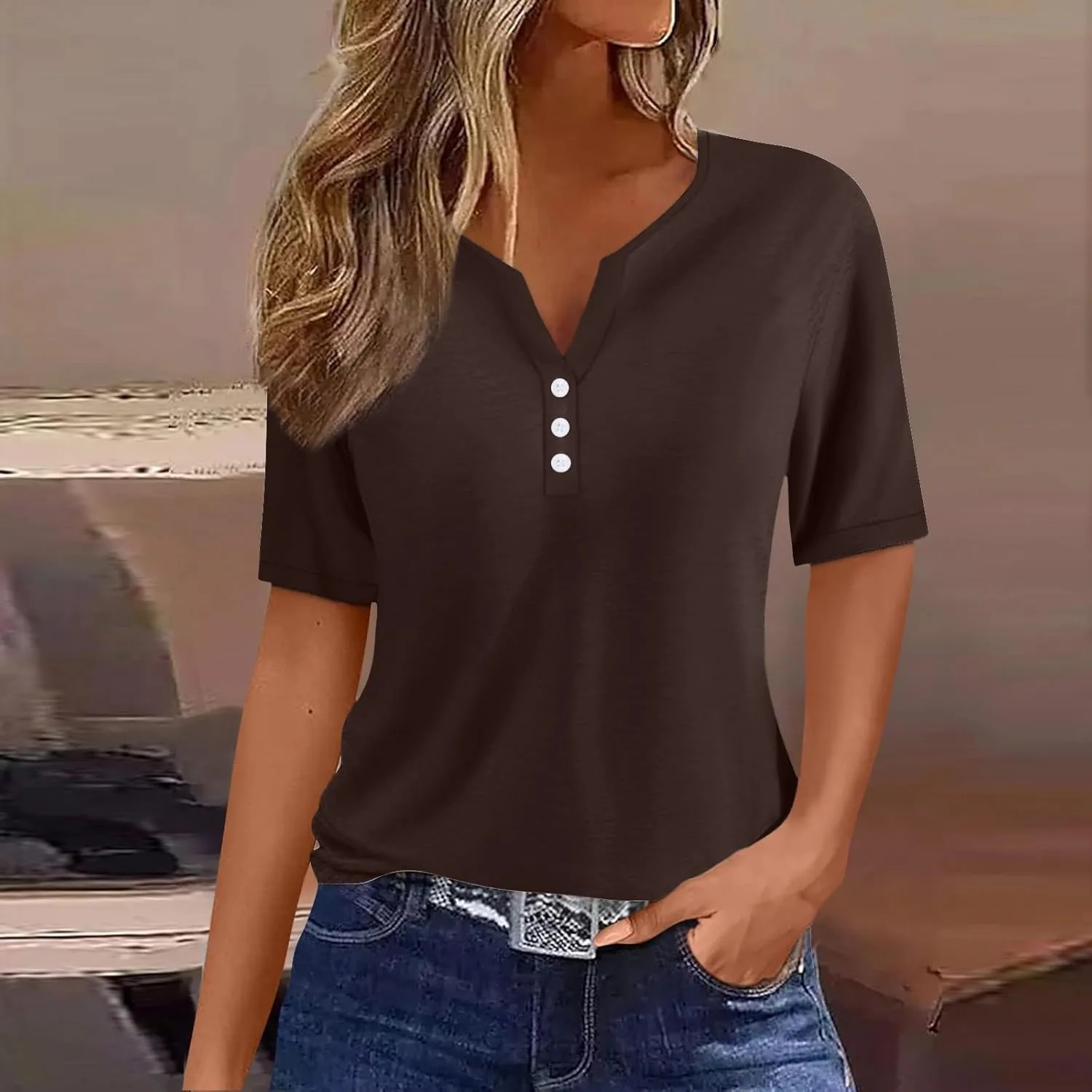 Women's T-Shirts Summer Tops 2025 Vacation Trendy V Neck Boho Short Sleeve Shirts Casual Loose Comfy Tunics