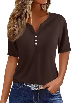 Women's T-Shirts Summer Tops 2025 Vacation Trendy V Neck Boho Short Sleeve Shirts Casual Loose Comfy Tunics
