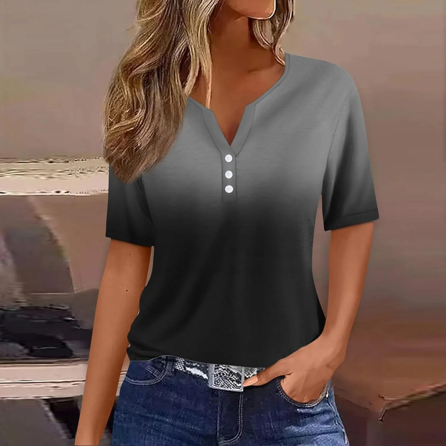 Women's T-Shirts Summer Tops 2025 Vacation Trendy V Neck Boho Short Sleeve Shirts Casual Loose Comfy Tunics