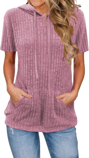 Womens Tops Short Sleeve Hoodies Waffle Knit Pullover Sweatshirts Casual Oversized Shirt with Kangaroo Pockets