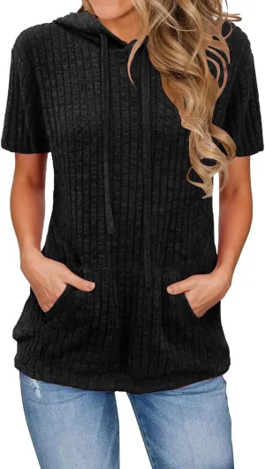 Womens Tops Short Sleeve Hoodies Waffle Knit Pullover Sweatshirts Casual Oversized Shirt with Kangaroo Pockets