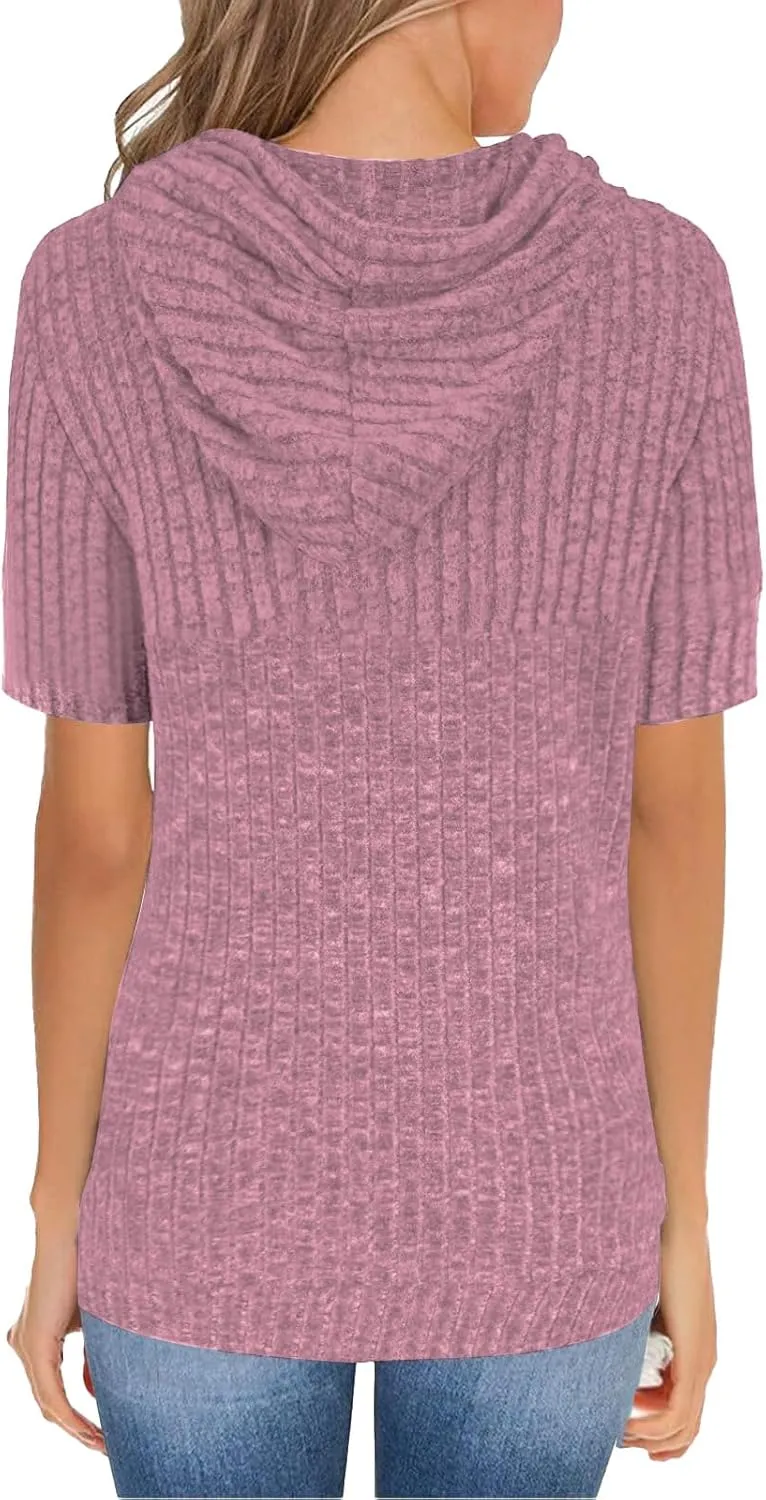 Womens Tops Short Sleeve Hoodies Waffle Knit Pullover Sweatshirts Casual Oversized Shirt with Kangaroo Pockets