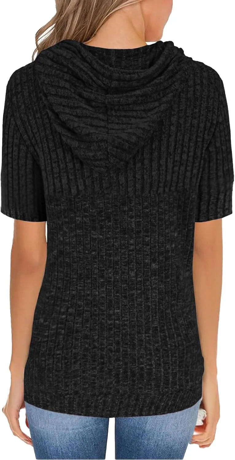 Womens Tops Short Sleeve Hoodies Waffle Knit Pullover Sweatshirts Casual Oversized Shirt with Kangaroo Pockets