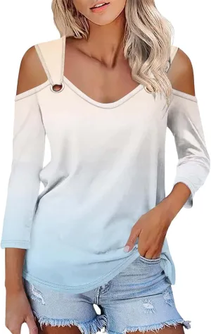Women's Tops V Neck 3/4 Sleeve Shirts Casual Blouses Cold Shoulder Tops Basic Tees Floral Print Tshirts Spandex