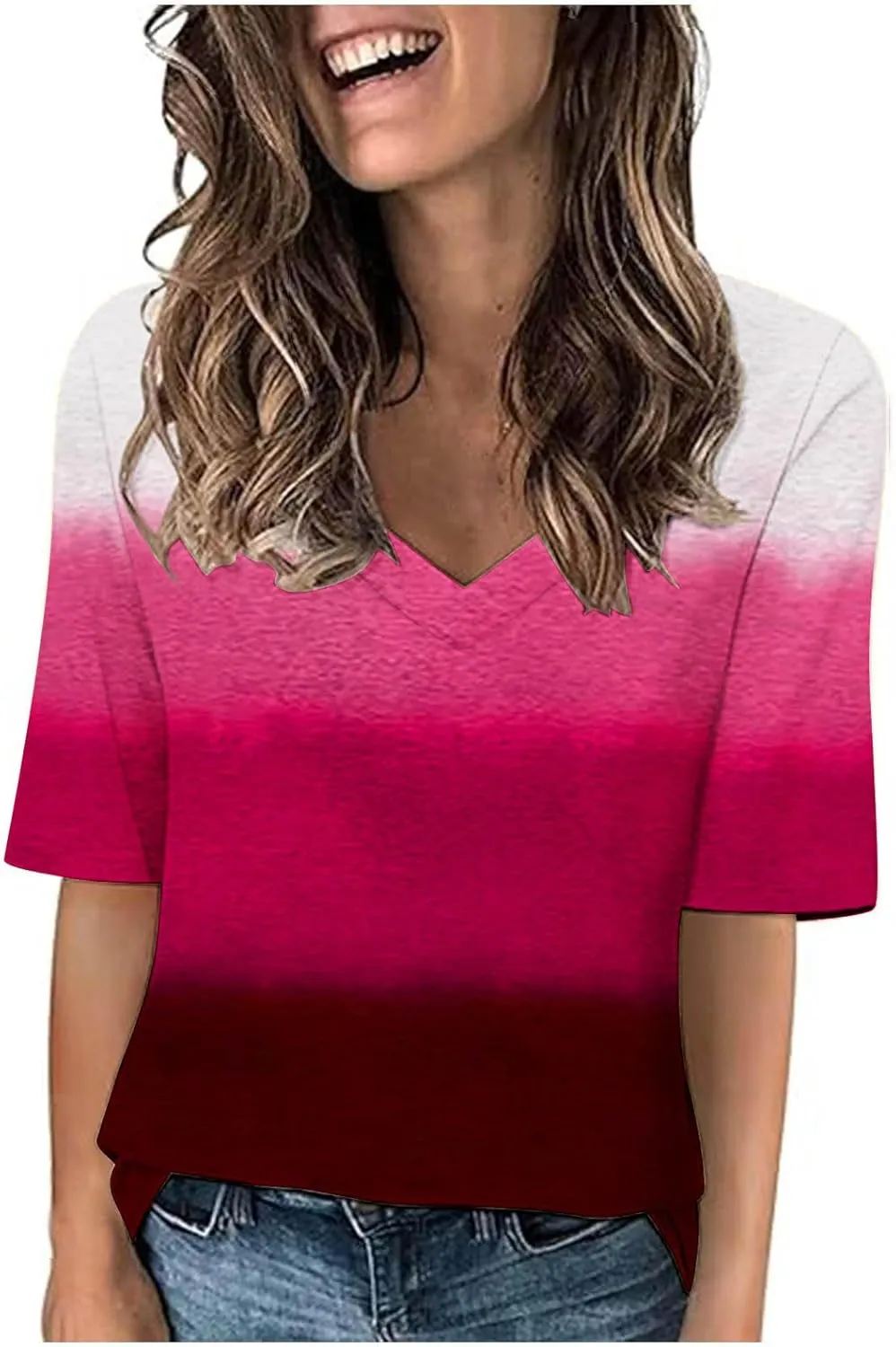 Womens V Neck Gradient Half Sleeve Tops and Blouses Pink and Blue Tie Dyed Shirts 2025 Spring Summer Cute Basic Tees