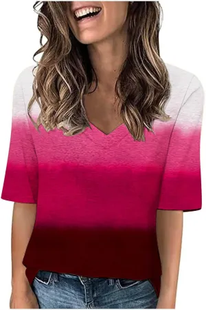 Womens V Neck Gradient Half Sleeve Tops and Blouses Pink and Blue Tie Dyed Shirts 2025 Spring Summer Cute Basic Tees