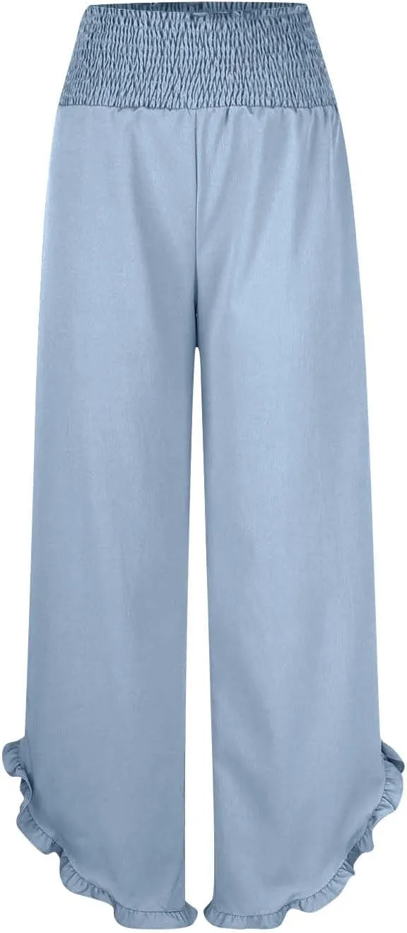 Womens Wide Leg Linen Pants Stretch Smocked High Waisted Pants Ruffle Hem Palazzo Pant Summer Loose Beach Trousers