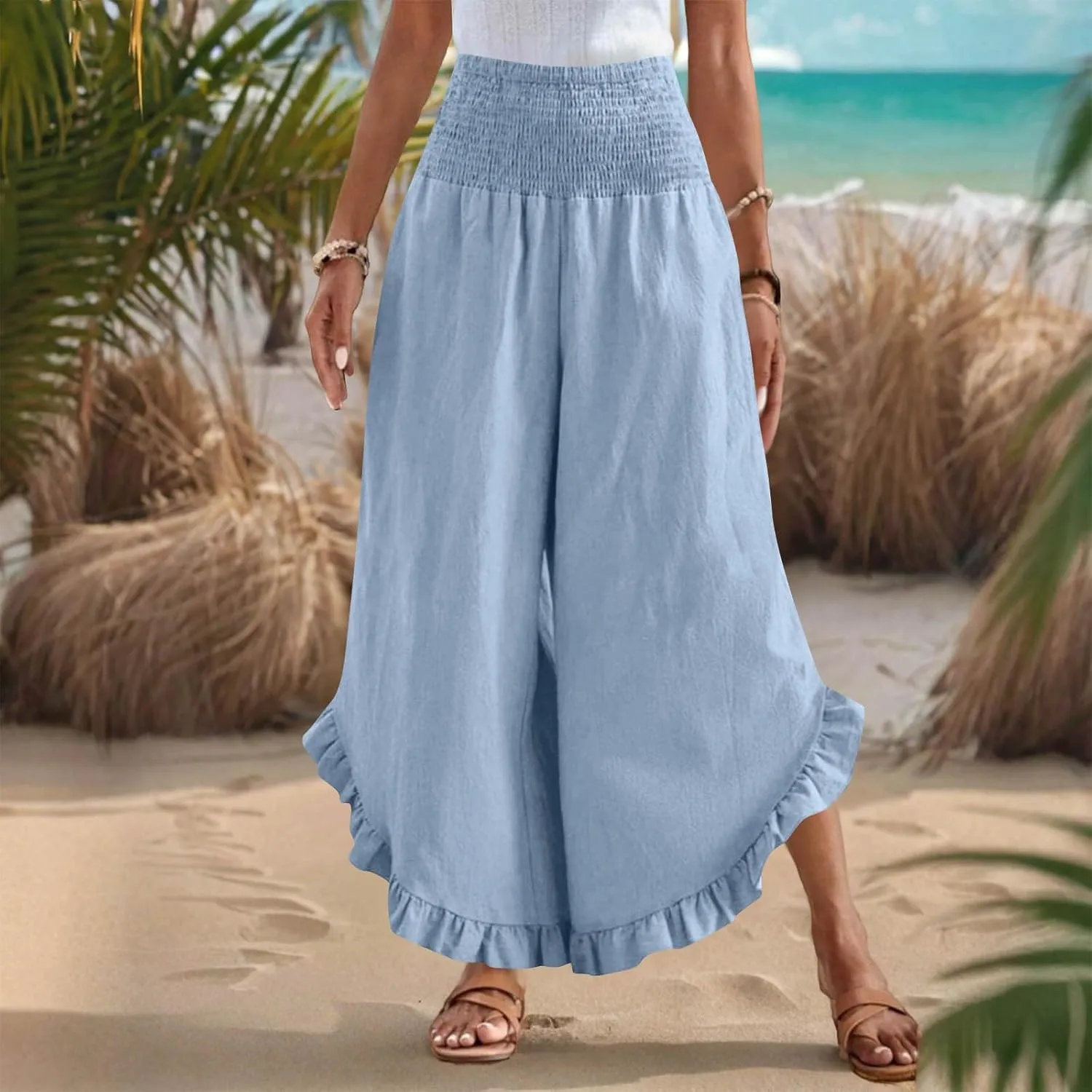 Womens Wide Leg Linen Pants Stretch Smocked High Waisted Pants Ruffle Hem Palazzo Pant Summer Loose Beach Trousers