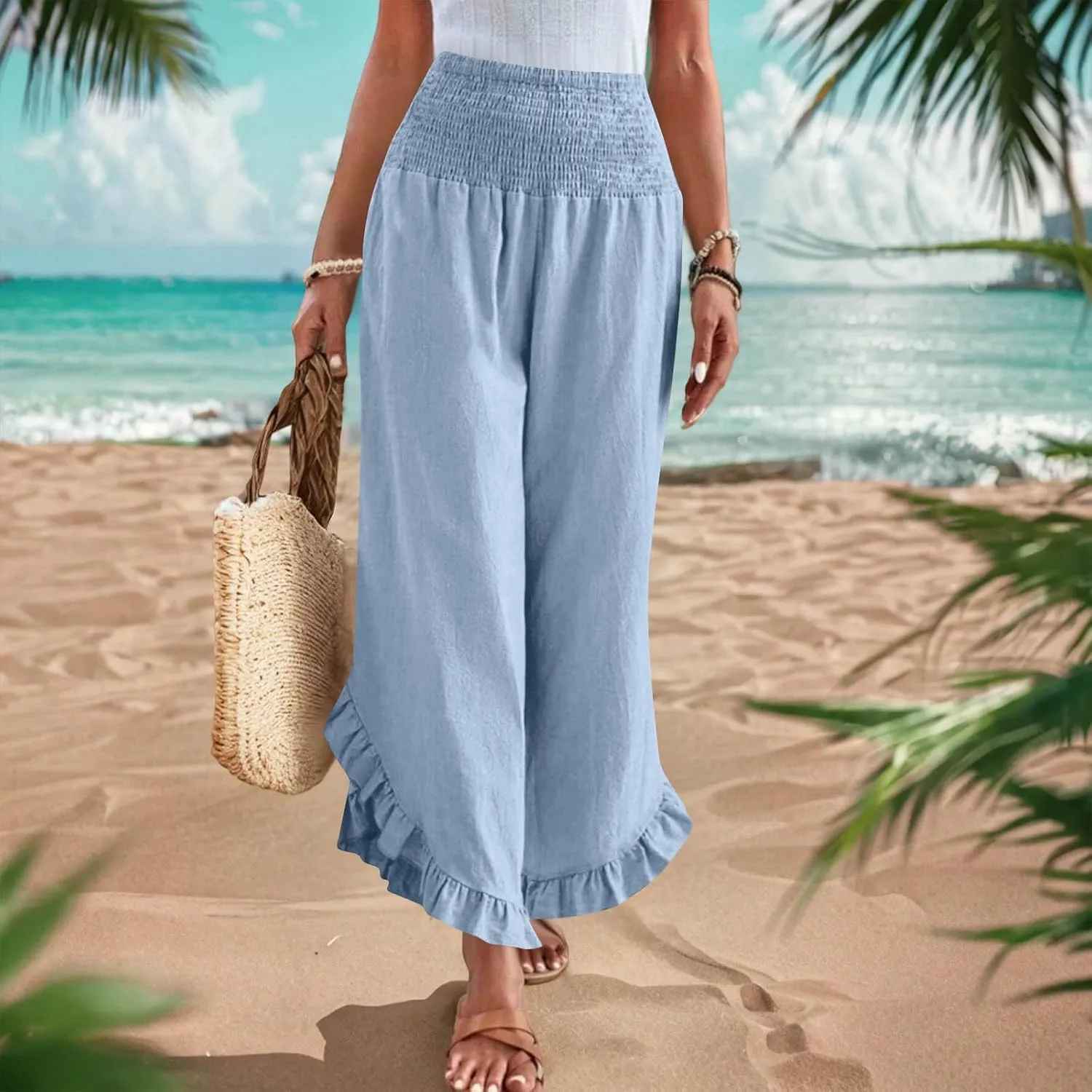 Womens Wide Leg Linen Pants Stretch Smocked High Waisted Pants Ruffle Hem Palazzo Pant Summer Loose Beach Trousers