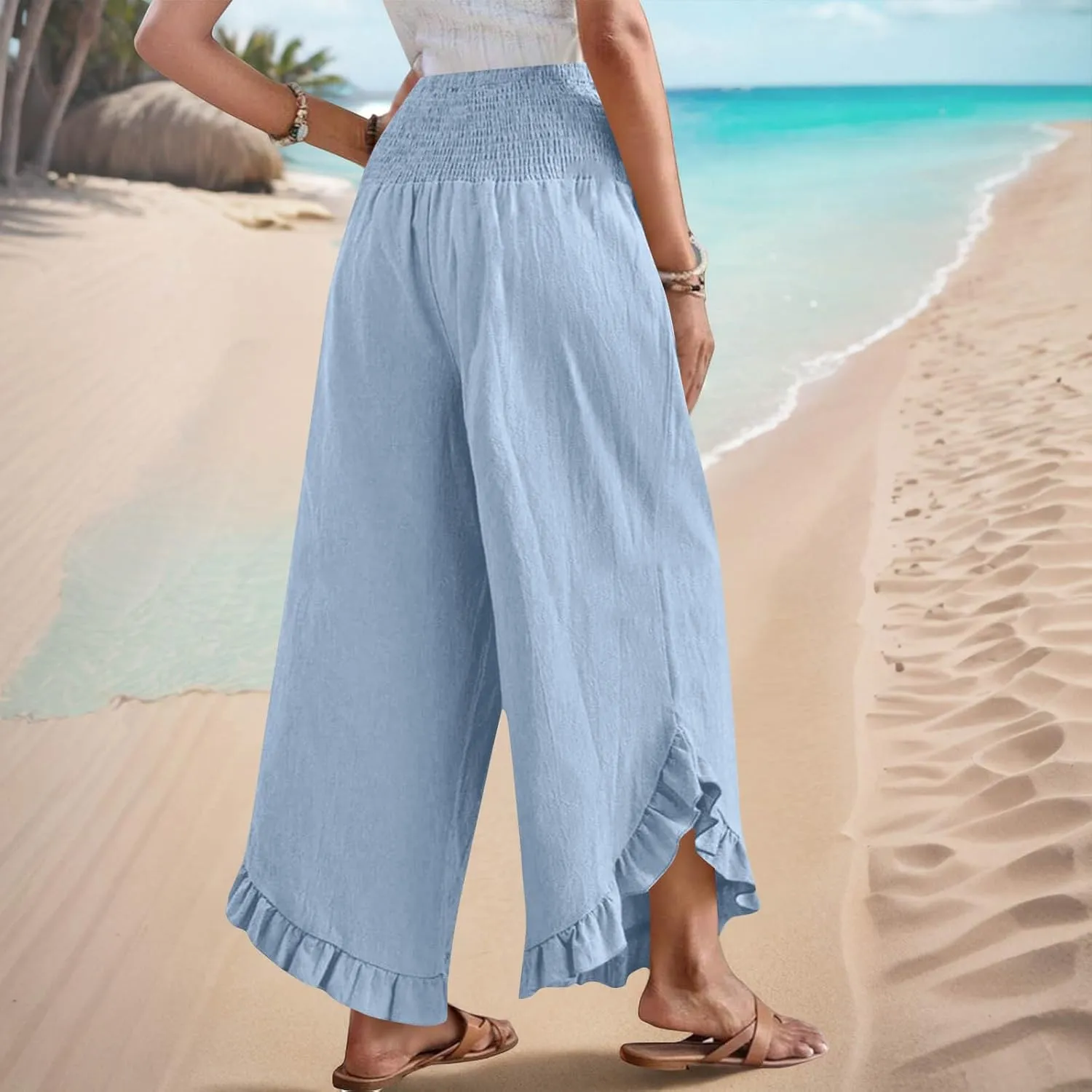 Womens Wide Leg Linen Pants Stretch Smocked High Waisted Pants Ruffle Hem Palazzo Pant Summer Loose Beach Trousers