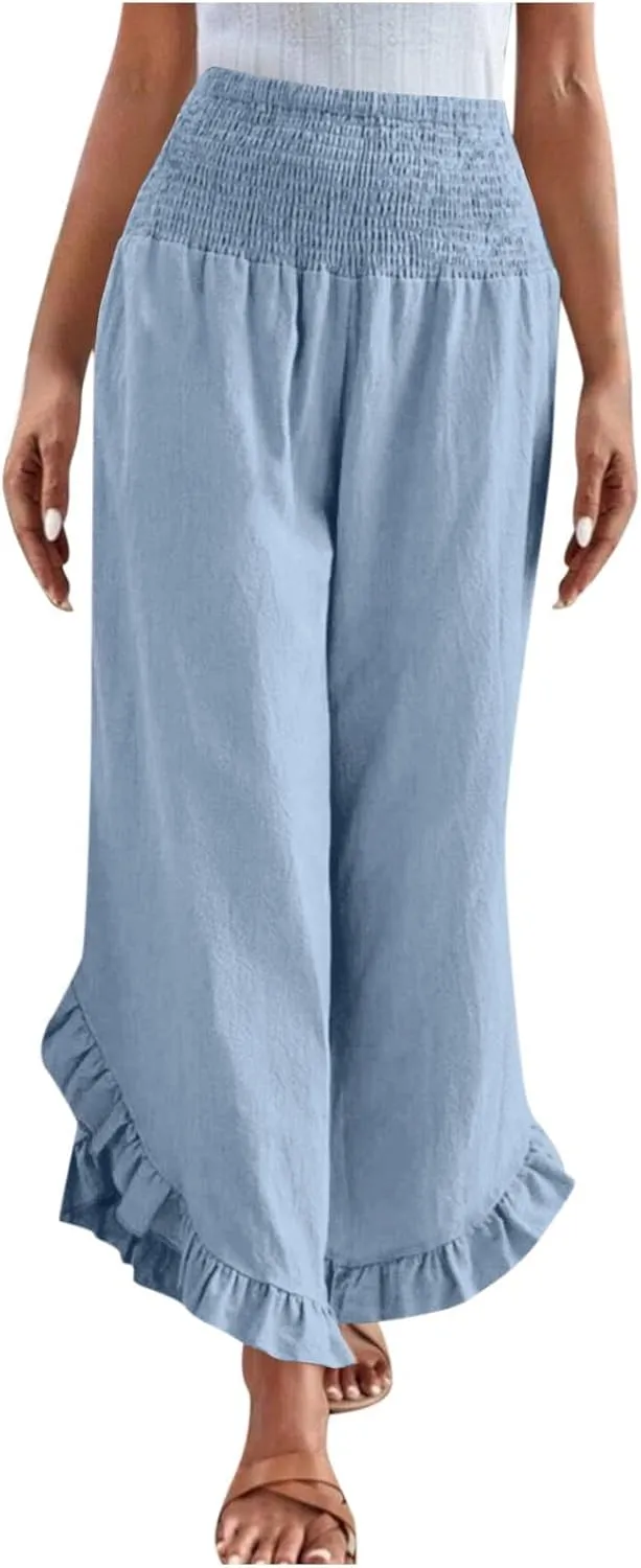 Womens Wide Leg Linen Pants Stretch Smocked High Waisted Pants Ruffle Hem Palazzo Pant Summer Loose Beach Trousers