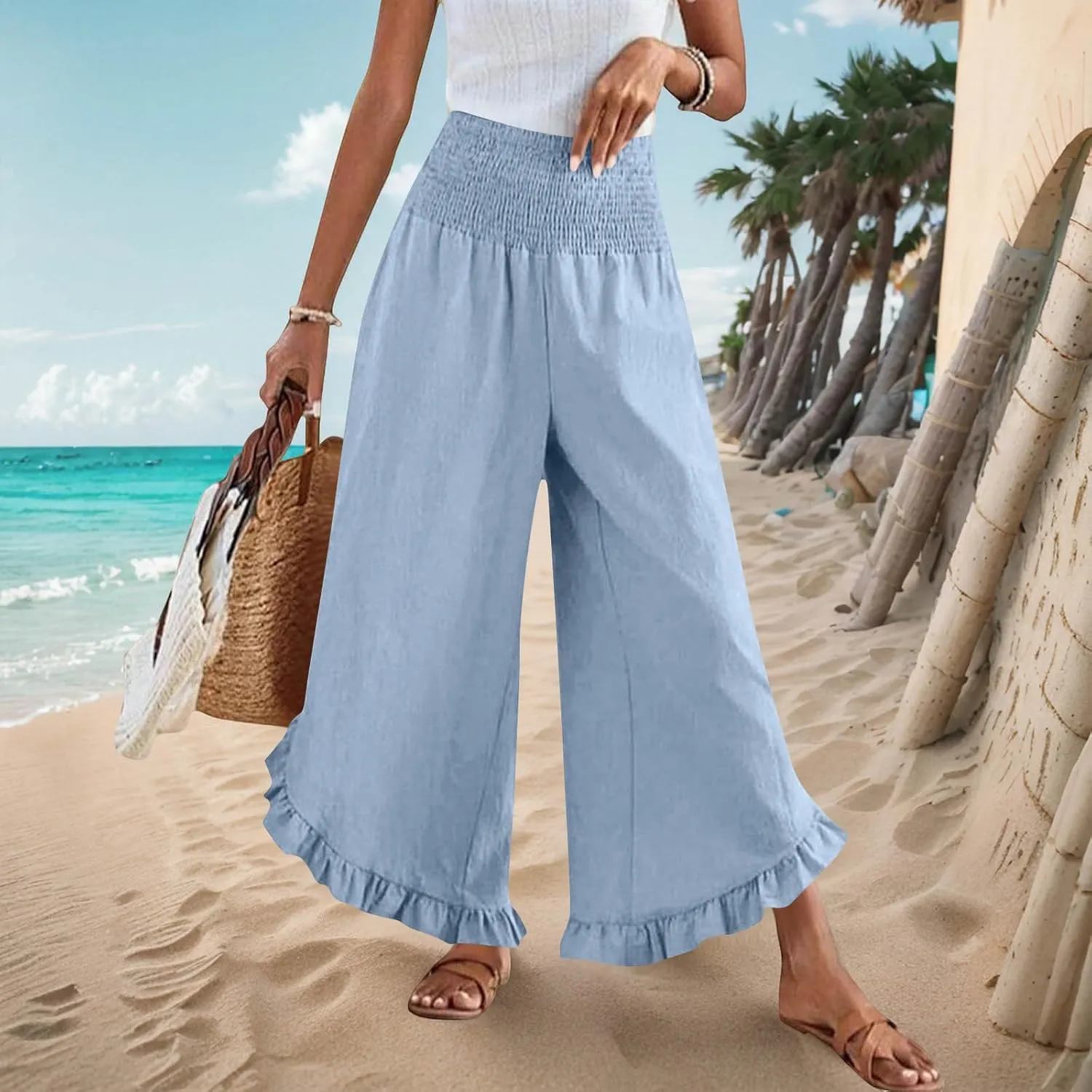 Womens Wide Leg Linen Pants Stretch Smocked High Waisted Pants Ruffle Hem Palazzo Pant Summer Loose Beach Trousers