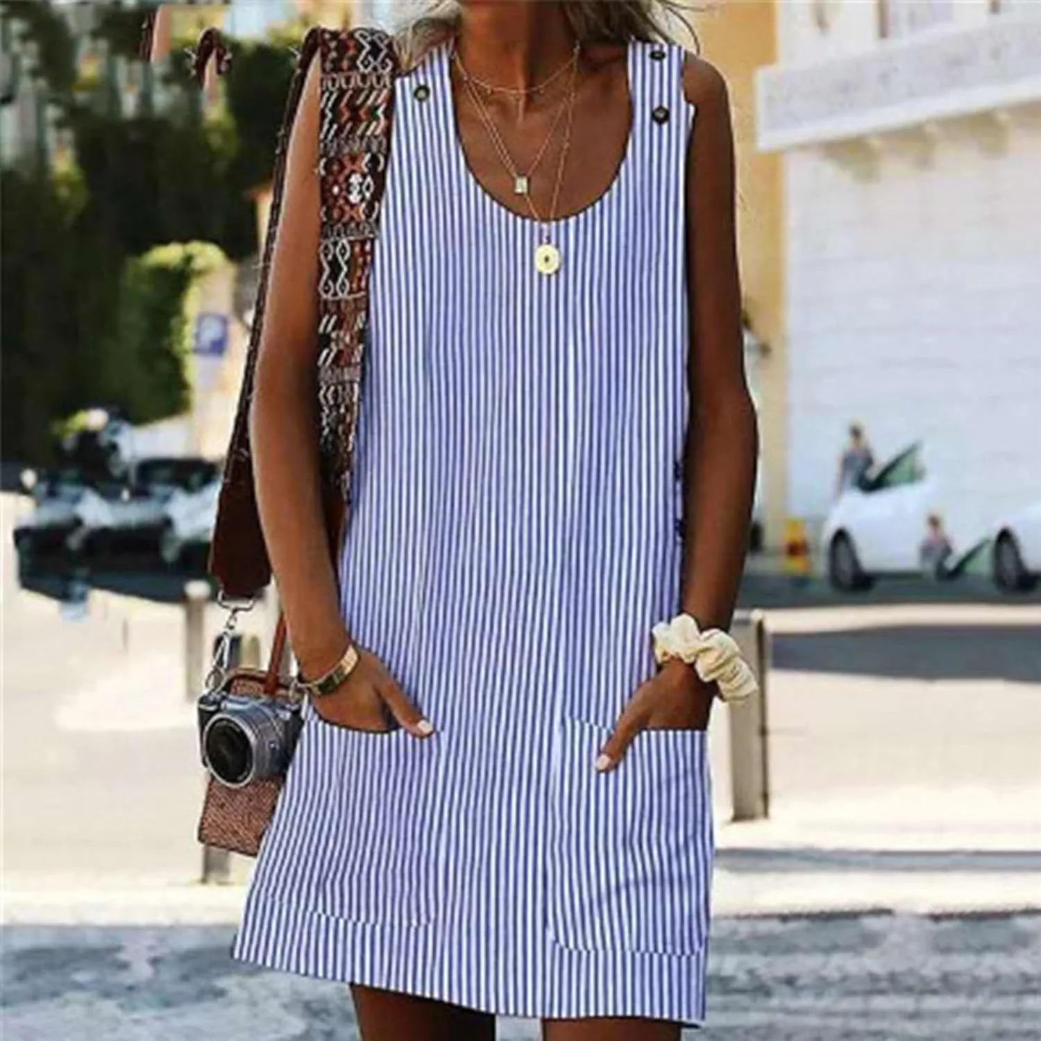 Women's Wing Sleeve Round Neck Pocket Button Striped Camisole Dress Plus Size Dress Midi