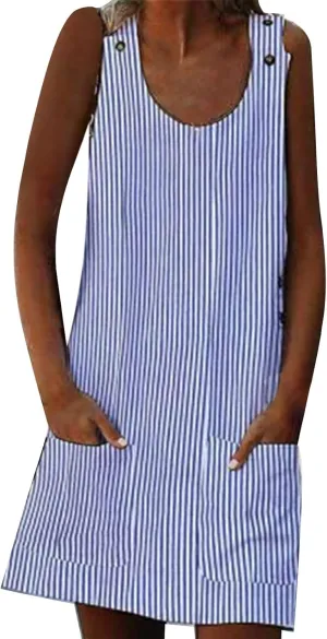 Women's Wing Sleeve Round Neck Pocket Button Striped Camisole Dress Plus Size Dress Midi