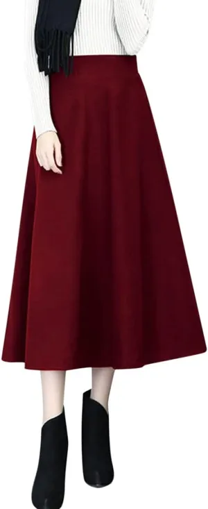 Womens Winter Vintage High Elastic Waist A Line Pleated Wool Midi Skirt Lady Skirt Plus Size Skirts for Women