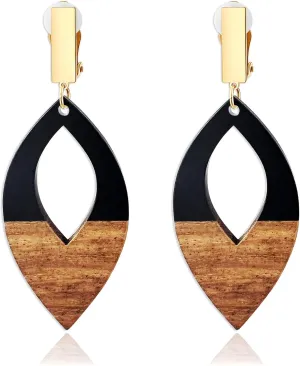 Wooden Geometric Clip On Earrings Women Gold Black Wood Non Pierced Ears Dangle Drop Earrings Triangle Leaf Comfortable Clip Earrings Jewelry