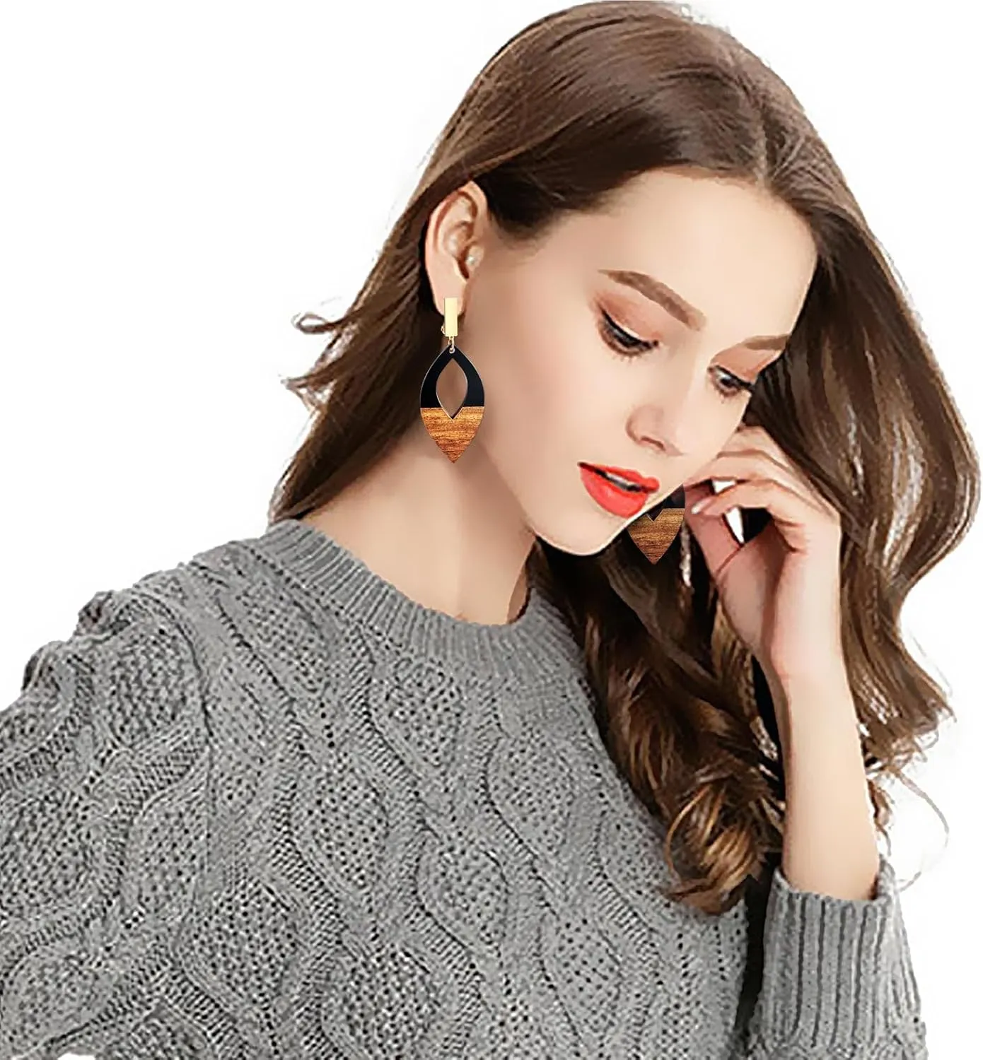 Wooden Geometric Clip On Earrings Women Gold Black Wood Non Pierced Ears Dangle Drop Earrings Triangle Leaf Comfortable Clip Earrings Jewelry