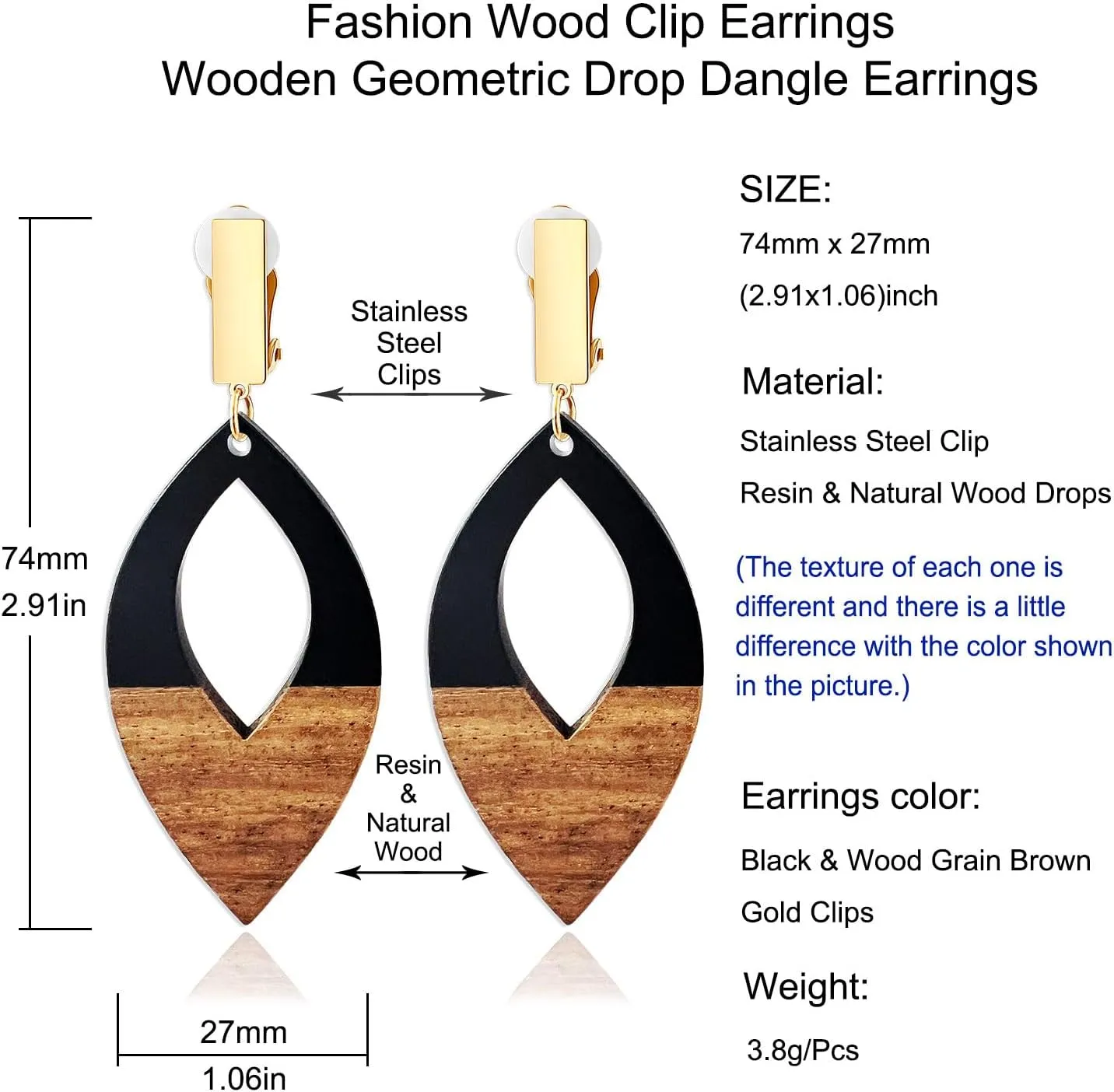 Wooden Geometric Clip On Earrings Women Gold Black Wood Non Pierced Ears Dangle Drop Earrings Triangle Leaf Comfortable Clip Earrings Jewelry