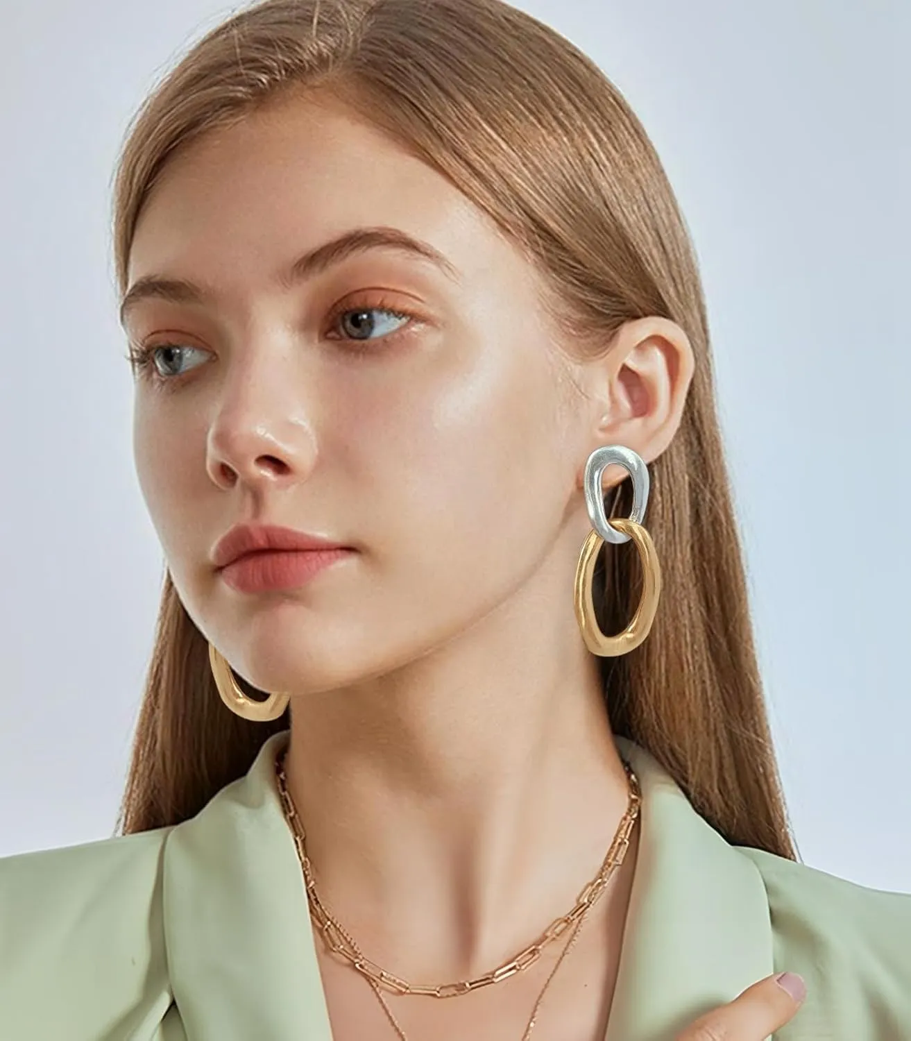 WOWORAMA Two Tone Dangle Earrings for Women Gold and Silver Circle Link Drop Earrings Boho Vintage Statement Geometric Earrings Fashion Jewelry